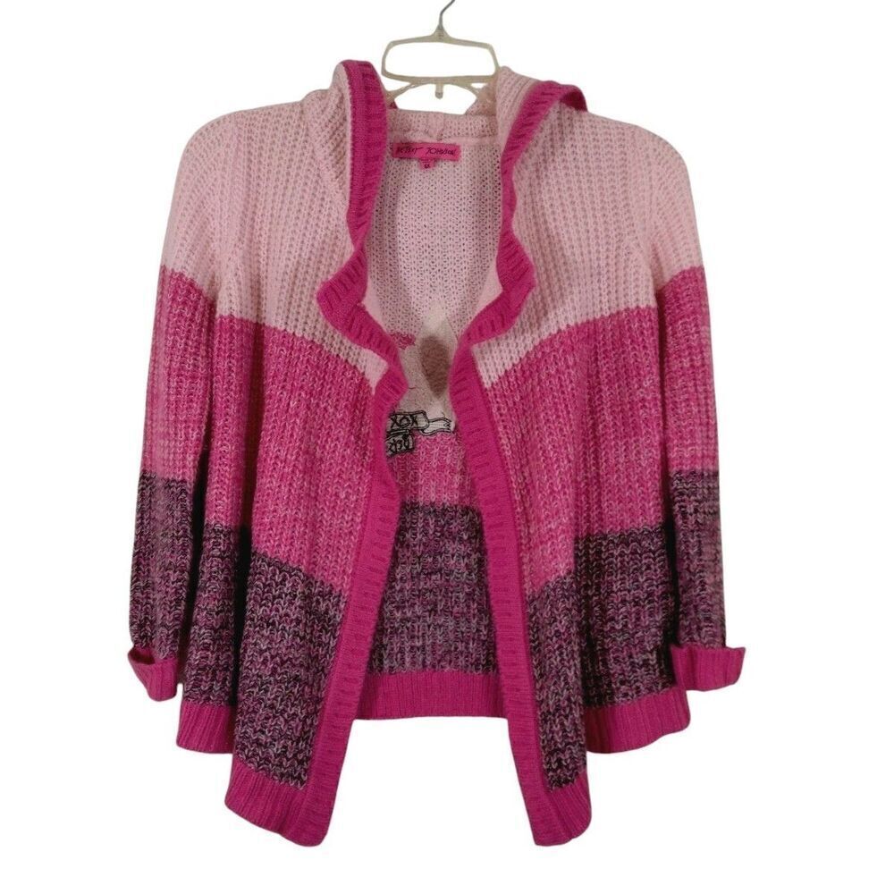 Betsey Johnson Girls 6X Cardigan Hooded Sweater Pink Open Front Sequin Star